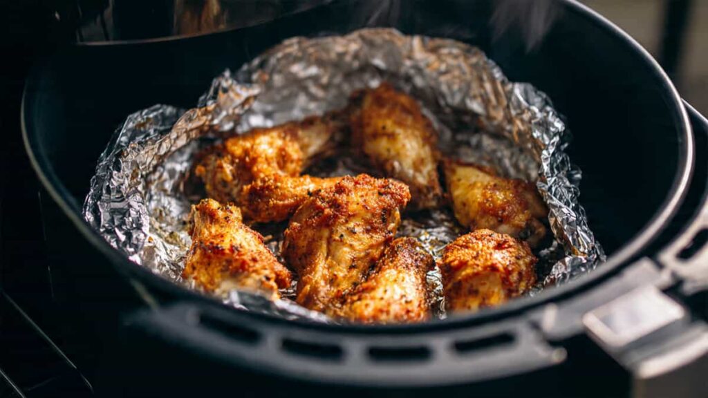 Air fryer basket with aluminum foil properly secured under cooking chicken wings.