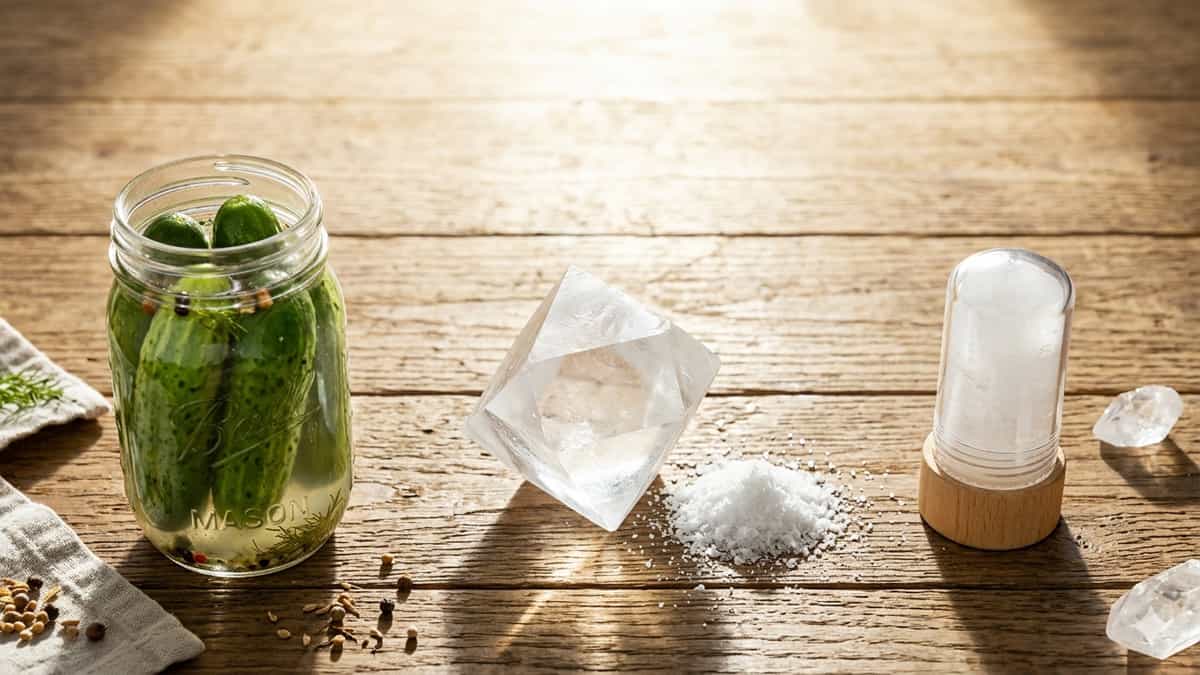 Clear octahedral potassium alum crystal, white alum powder, jar of pickles, and crystal deodorant stick on a wooden table.