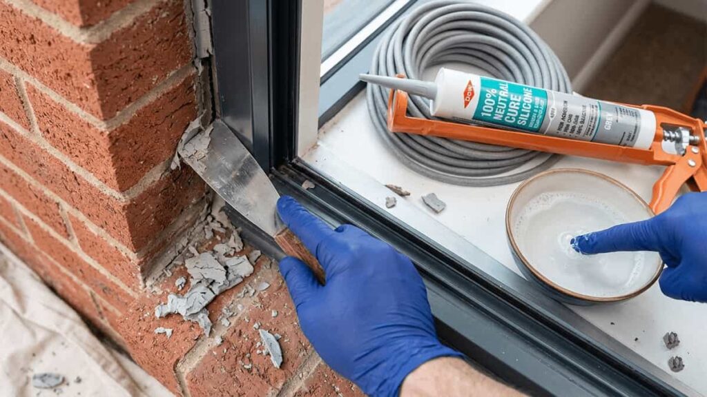 Hands scraping old sealant from gap between aluminium window frame and brick wall, with backer rod and neutral-cure silicone ready
