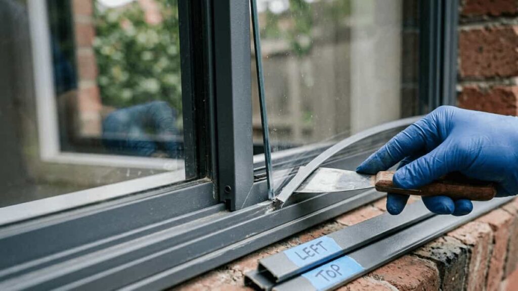 A close-up showing a putty knife prying a glazing bead from an aluminium window frame, with labeled painter's tape on removed sections.