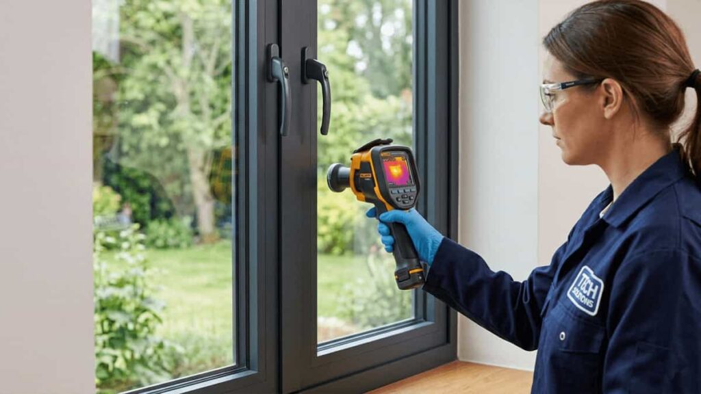A technician using a thermal imaging camera to check the heat signature of an aluminium window pane for improper glass orientation.