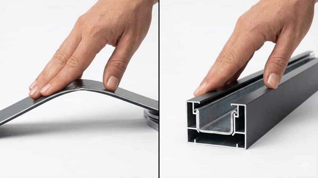 Side‑by‑side comparison: a thin aluminium window profile bending under hand pressure and a reinforced profile with steel insert remaining rigid