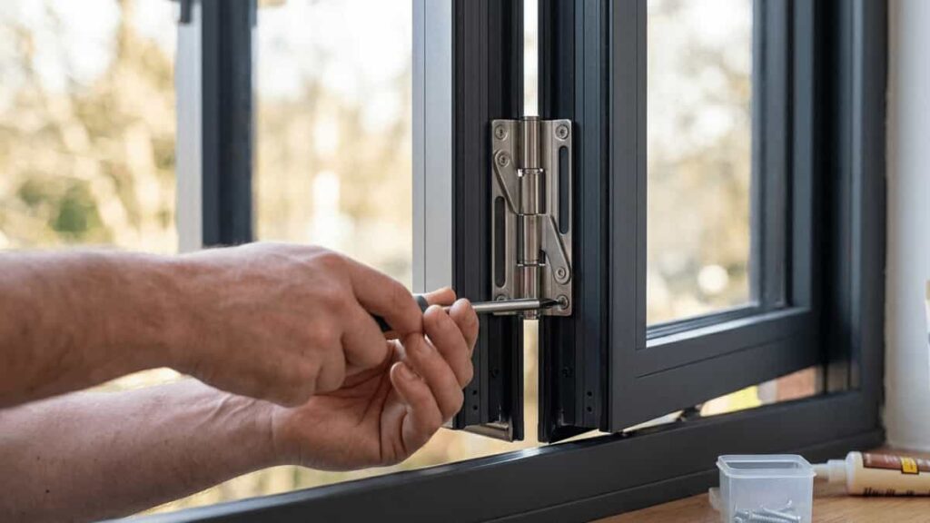 Hands using a screwdriver to tighten hinge screws on an open Aluminium casement window sash