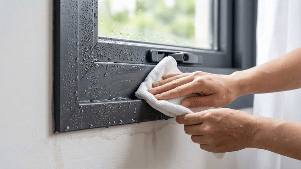 Hand using a soft cloth to wipe condensation from the internal face of a dark grey Aluminium window frame