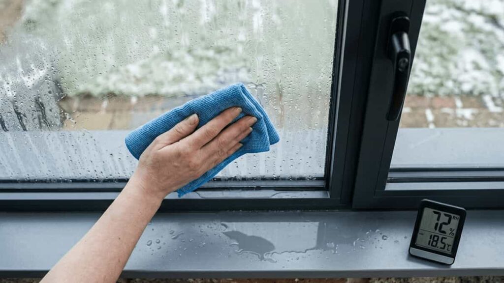 Hand using a microfiber cloth to wipe condensation from a glass pane inside an Aluminium window frame