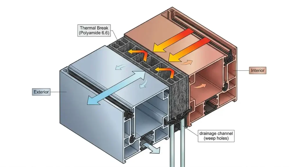Cutaway drawing of an aluminium curtain wall mullion with a polyamide thermal break strip separating warm interior from cold exterior to prevent heat loss.