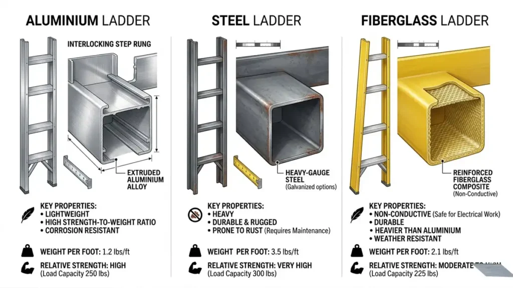 Comparison infographic of aluminium, steel, and fiberglass ladder materials showing weight, strength, and electrical conductivity