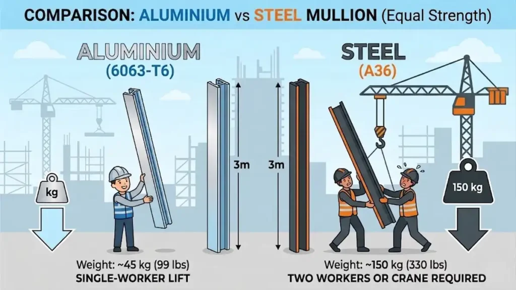 Comparison graphic showing a lightweight aluminium mullion lifted by one worker versus a heavy steel mullion requiring two workers — equal strength but one-third the weight.