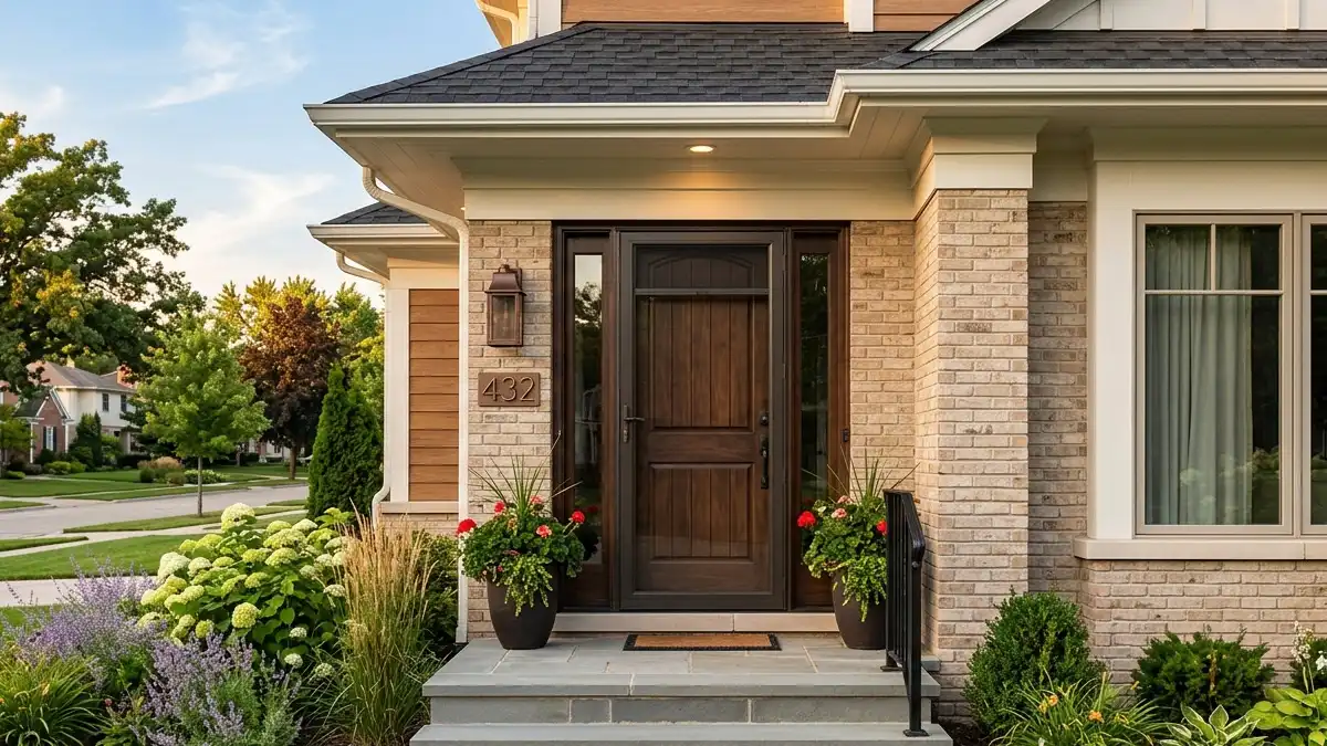 Modern aluminum storm door installed over wood front entry door with retractable screen
