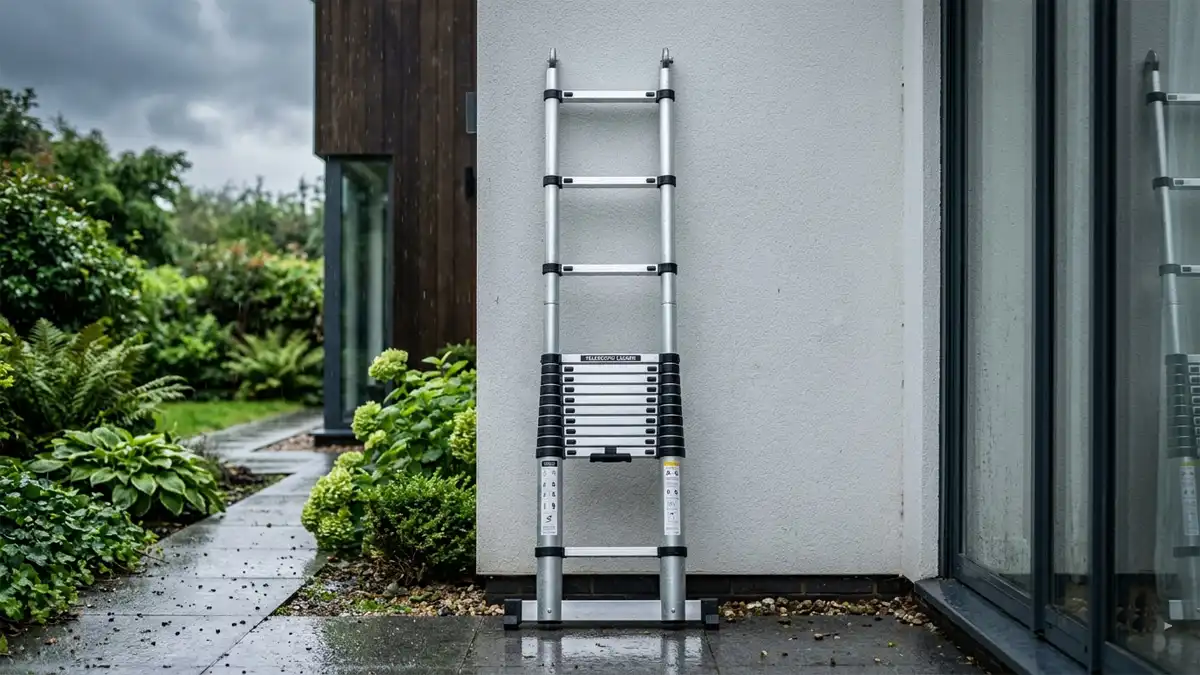 A clean, modern aluminium telescopic ladder leaning against a house wall during a light rain, illustrating the risks of outdoor storage.
