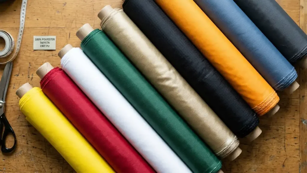 A close-up view of several rolls of colorful 100% polyester taffeta fabric, showing yellow, red, white, green, gold, black, orange, and blue.