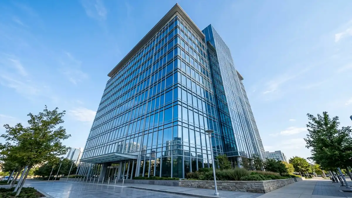 Modern glass office building with aluminium curtain wall facade, showing vertical mullions and horizontal transoms.