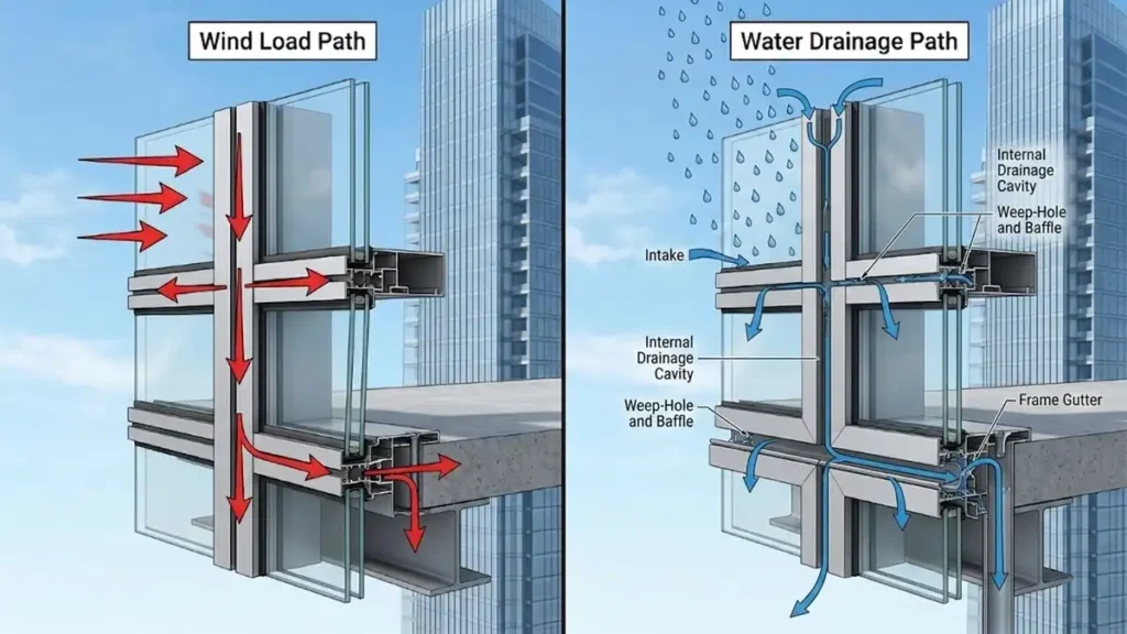 Technical cross-section diagram showing wind load transfer through mullions to building structure and water drainage path through pressure-equalized cavity and weep holes.