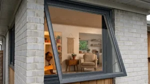 Exterior view of a dark grey powder-coated aluminum awning window open to show a cozy home interior with a mid-century armchair and potted plants.