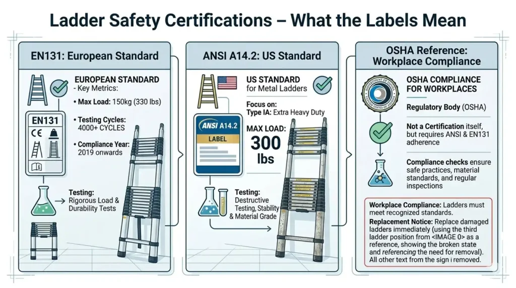Infographic explaining EN131, OSHA, and ANSI ladder safety certification labels and what they mean for telescopic ladder buyers
