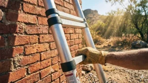 Aluminium ladder in direct sun with thermometer showing hot surface temperature