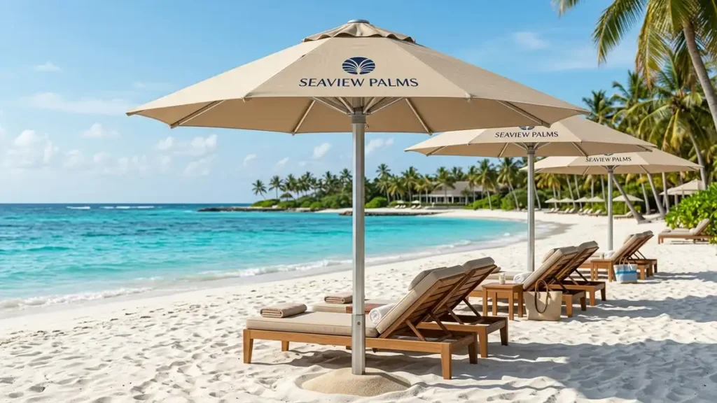 Resort aluminium umbrella with custom branding, beige heavy fabric, and 6063 alloy pole mounted in beach in-ground sleeve
