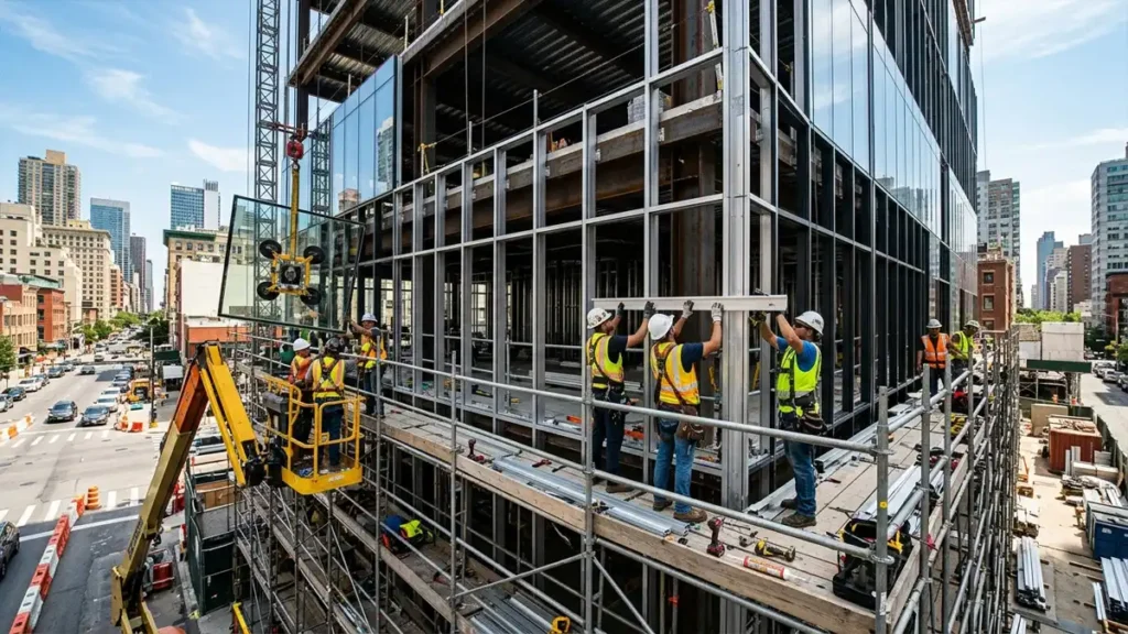 Construction workers assembling a stick-built curtain wall system by hand on scaffolding, installing aluminium mullions and transoms piece-by-piece on a mid-rise building.