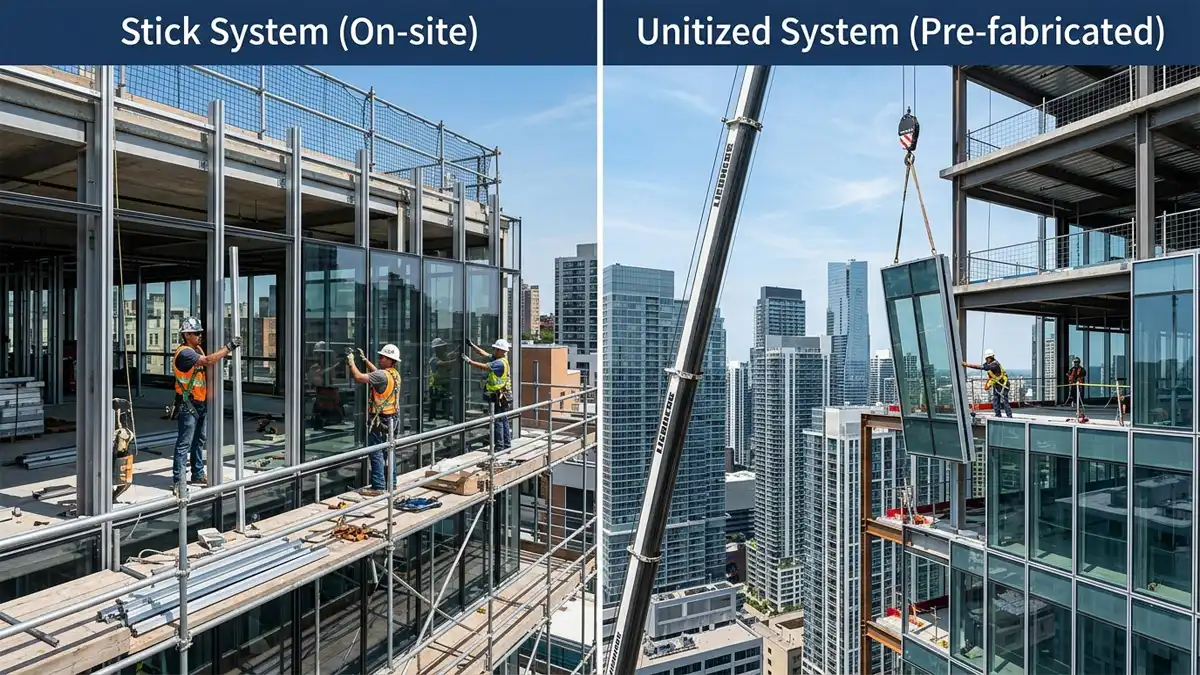 Stick curtain wall components assembled on-site next to a factory-fabricated unitized curtain wall module for a high-rise building facade.