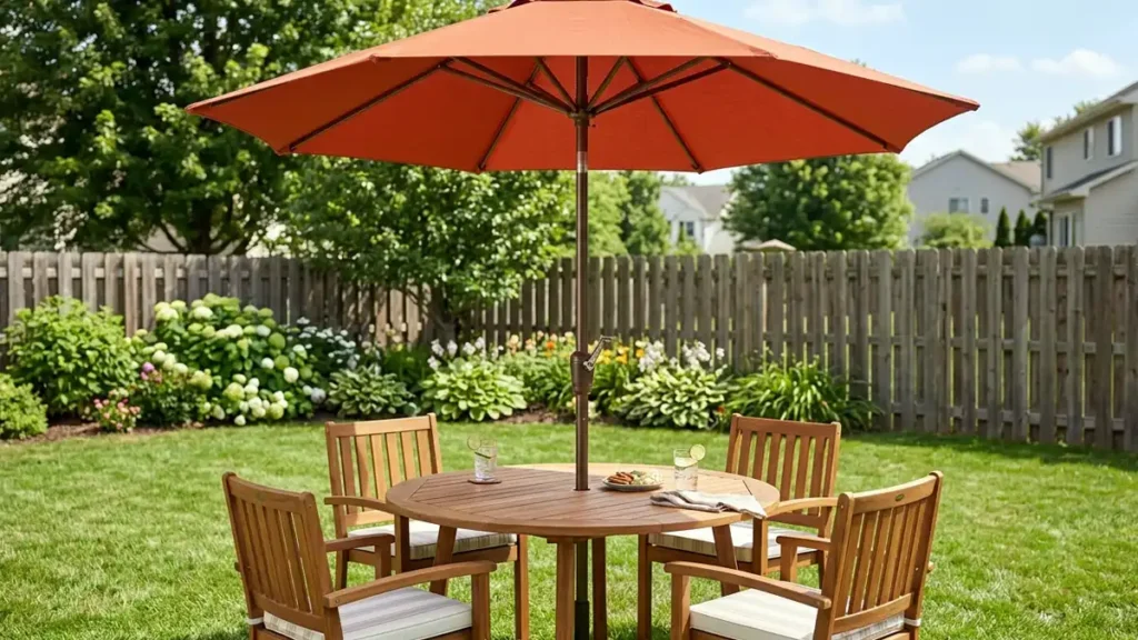 Centre pole aluminium umbrella through patio dining table with terracotta canopy and bronze anodized frame