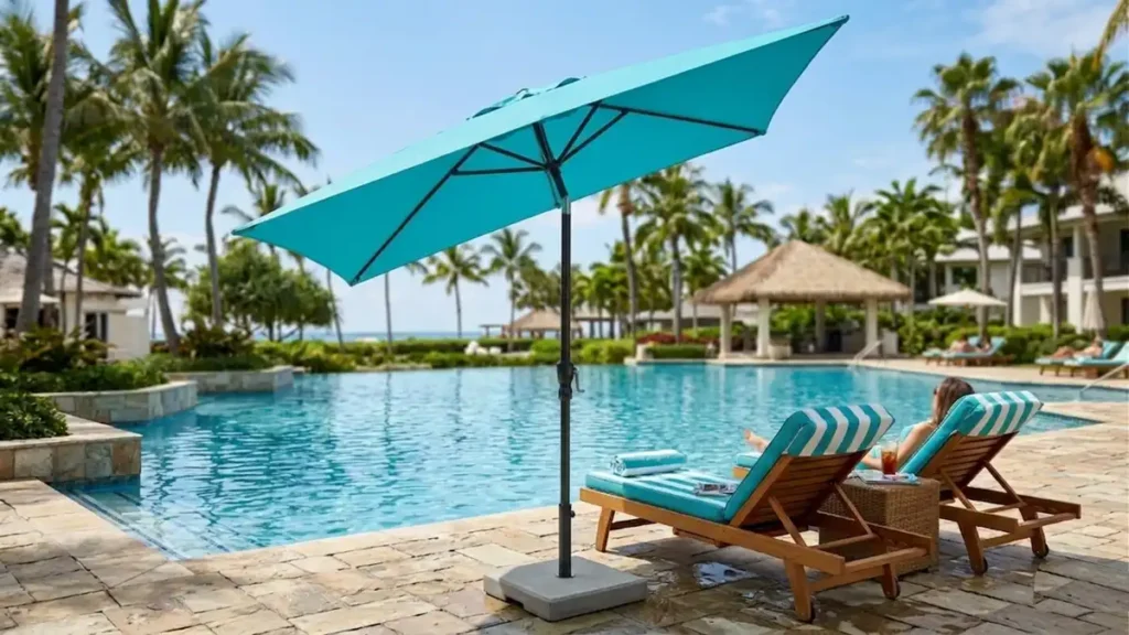 Tilted cyan pool umbrella with a black aluminum pole next to luxury resort lounge chairs by a swimming pool.