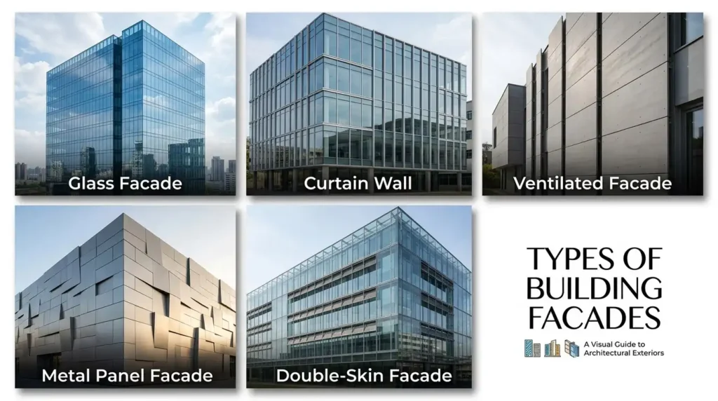 Visual guide showing five types of building facades: glass facade, curtain wall, ventilated facade, metal panel facade, and double-skin facade.