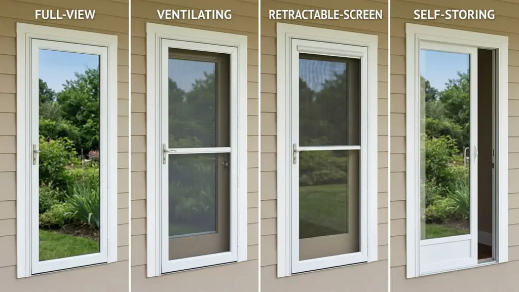 Grid showing four types of aluminum storm doors: full-view, ventilating, retractable-screen, and self-storing mounted on a house exterior
