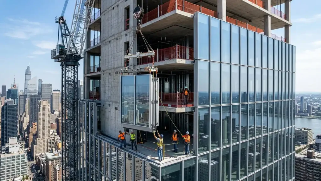 Tower crane hoisting a pre-assembled unitized curtain wall module onto a high-rise building, showcasing factory-glazed units with interlocking mullions.