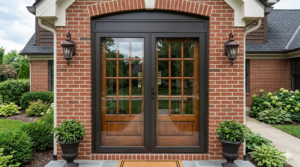 Two matching extruded aluminum double storm doors with center astragal installed over French doors on a home exterior