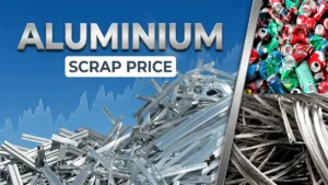 Collage showing aluminium scrap wire, cans, and window profiles with aluminium scrap rate text