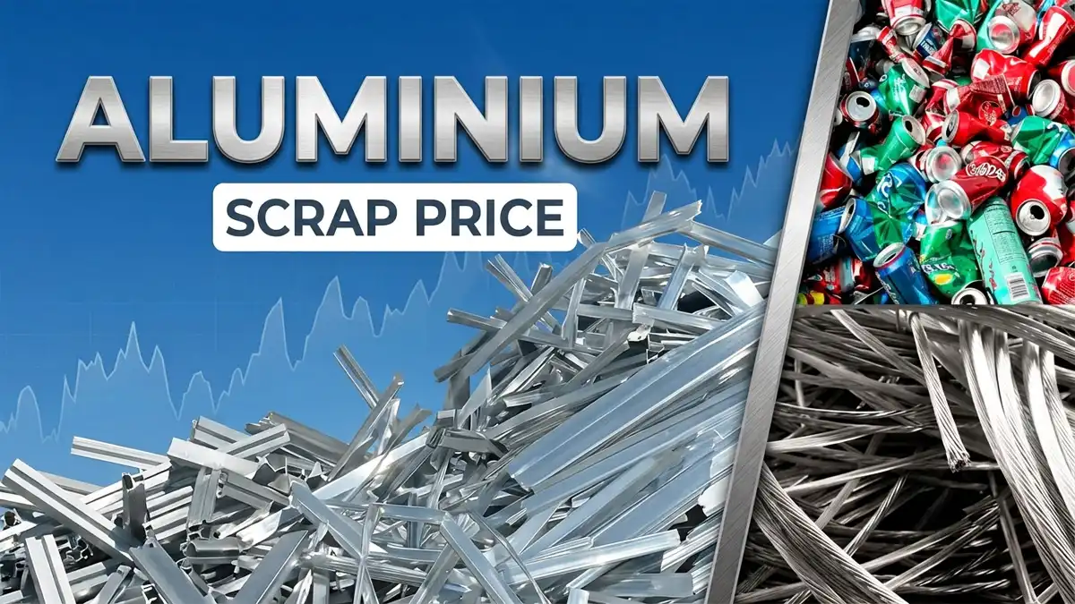 Collage showing aluminium scrap wire, cans, and window profiles with aluminium scrap rate text