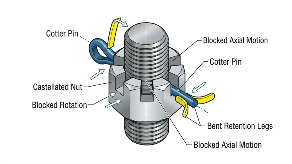 Technical mechanics diagram showing an aluminum cotter pin inserted through a castellated nut and bolt, with its retention legs bent outward to prevent rotation and axial motion.