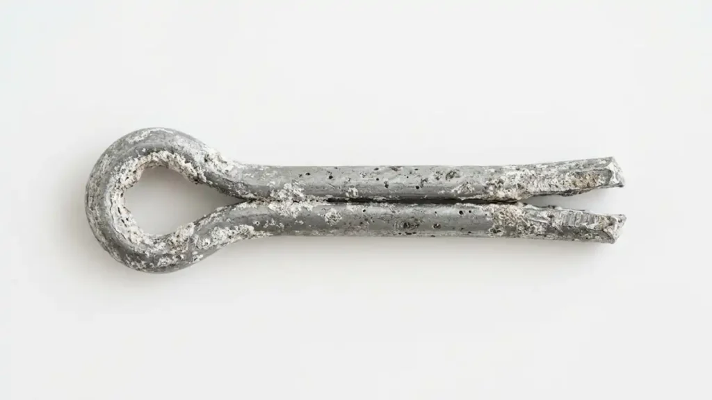 Close-up of an aluminum cotter pin showing white powdery oxidation and pitting corrosion on its surface