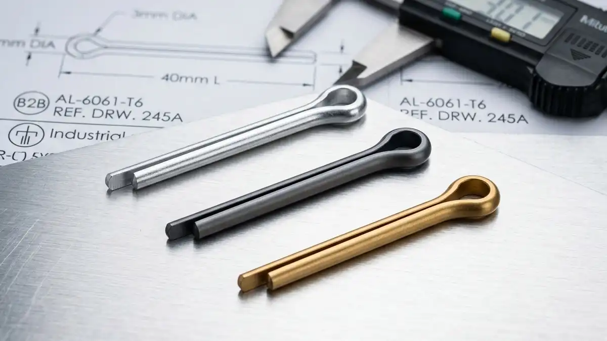 Three aluminum cotter pins (split pins) in silver, dark grey anodized, and gold anodized finishes on a brushed aluminum sheet with engineering blueprints in background