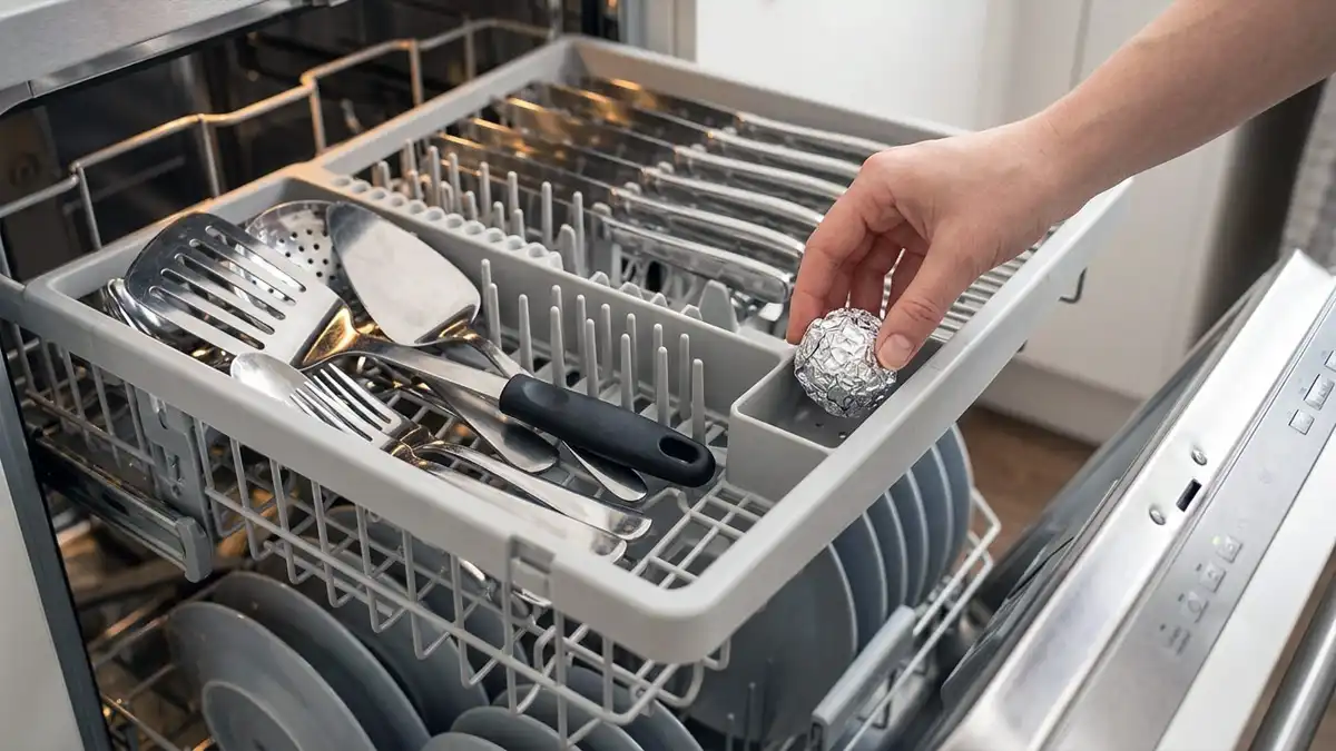 A hand placing a small crumpled ball of aluminum foil into the plastic cutlery basket tray of an open dishwasher filled with silverware, metal spatulas, forks, and kitchen utensils.