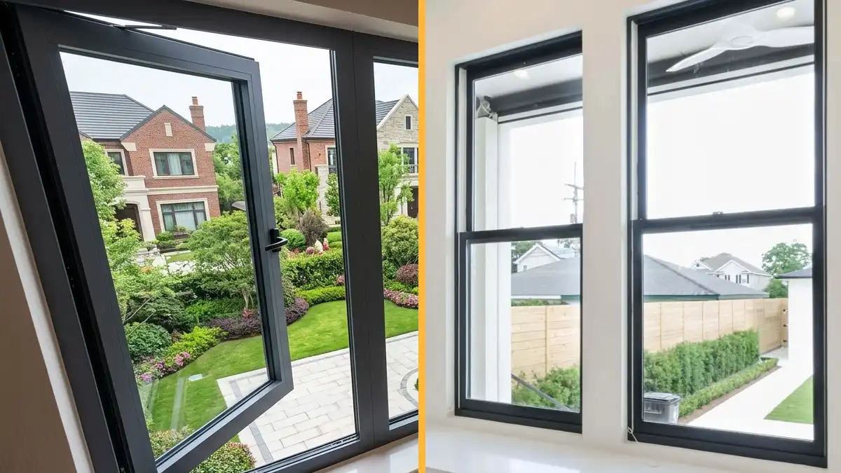 A side-by-side split view showing an open black aluminum casement window swinging outward on the left and closed black single-hung windows on the right.