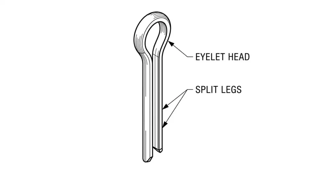 Line diagram of a standard metal split cotter pin showing the eyelet head and straight legs