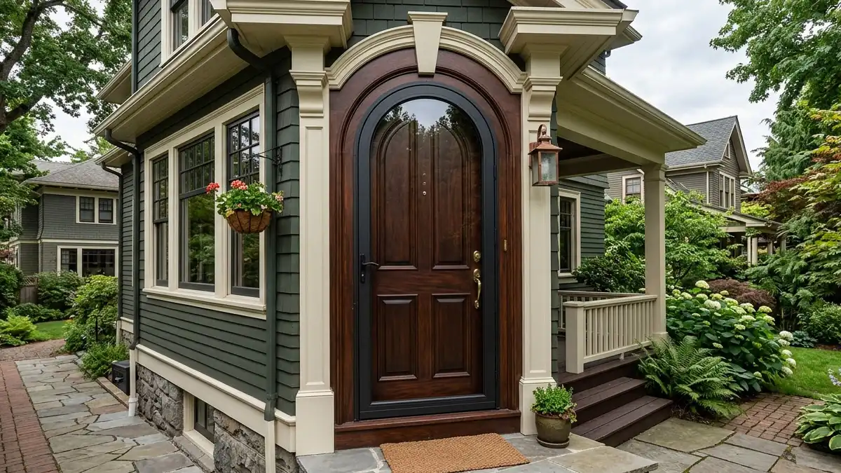 Custom arched extruded aluminum storm door matching curved top of historic Victorian home entryway