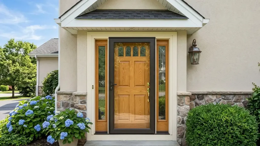 Closed dark bronze aluminum storm door with full glass panel protecting a pristine wooden front door on a sunny day.