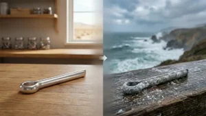 Split scene comparison of an aluminum cotter pin – pristine and dry on the left versus corroded with white patina and pitting from saltwater exposure on the right
