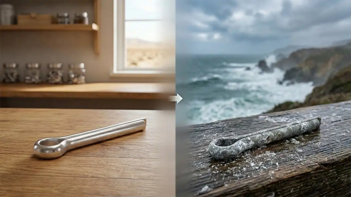 Split scene comparison of an aluminum cotter pin – pristine and dry on the left versus corroded with white patina and pitting from saltwater exposure on the right