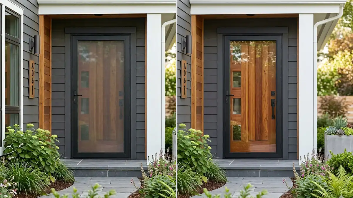 Slim-profile matte black aluminum full view storm door with retractable screen on contemporary home