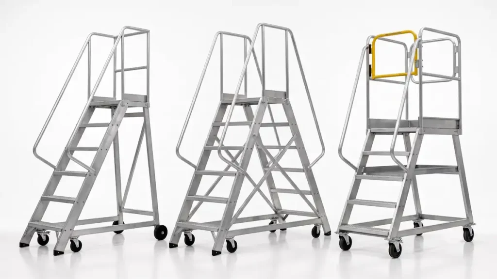 A visual comparison layout displaying different types of warehouse rolling ladders and mobile work platforms.