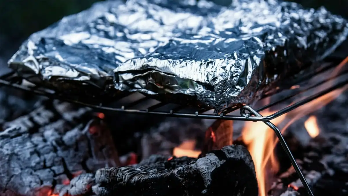 Food packets wrapped in shiny aluminum paper foil cooking on a metal grate over an open fire flame with burning charcoal briquettes.