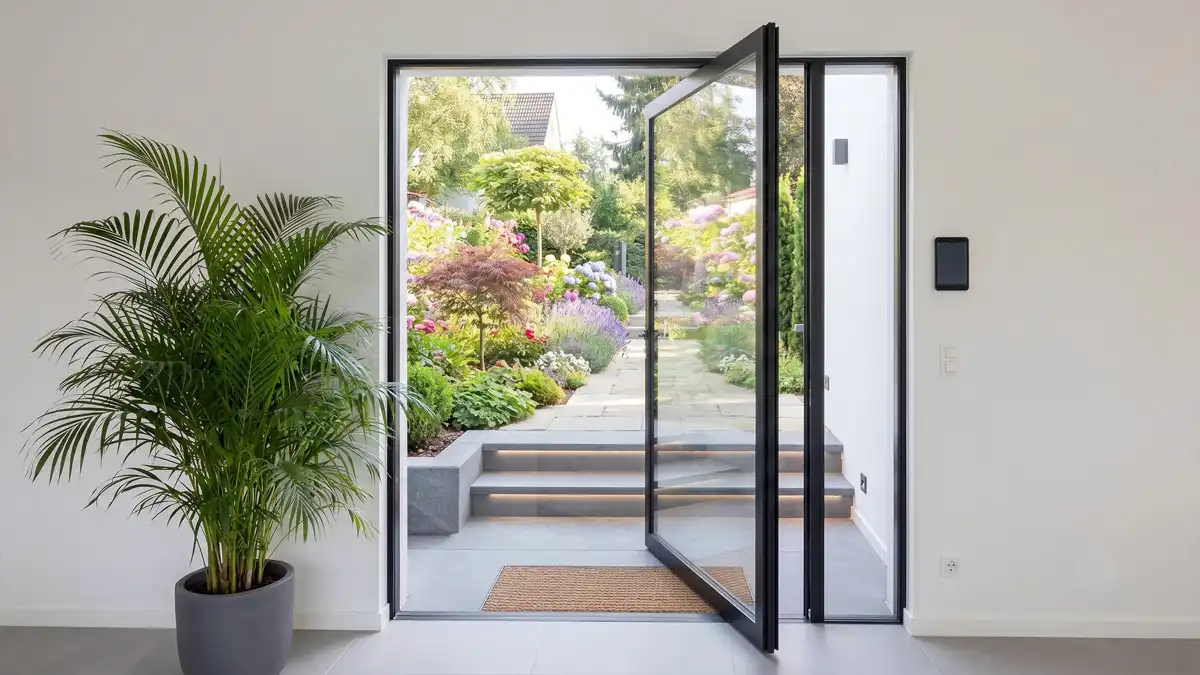 Modern pivot door installation guide showing front entrance, patio opening, upper-floor balcony, and interior room divider applications