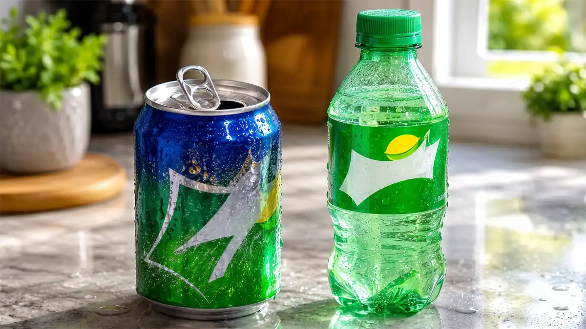 Open aluminum soda can beside a sealed plastic soda bottle on a kitchen countertop, showing the difference between resealable and non-resealable beverage packaging.