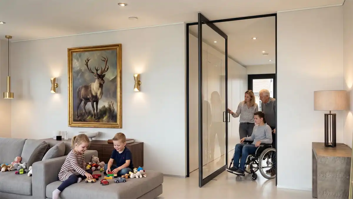 A hero image for a pivot door safety guide, showing safe family use, a wheelchair user, and an elderly person demonstrating a soft-close mechanism.