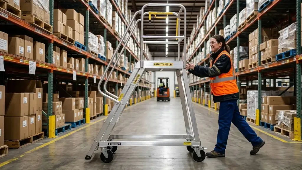 An industrial mobile aluminum rolling ladder featuring integrated safety handrails, a spacious top work deck, and locking casters.