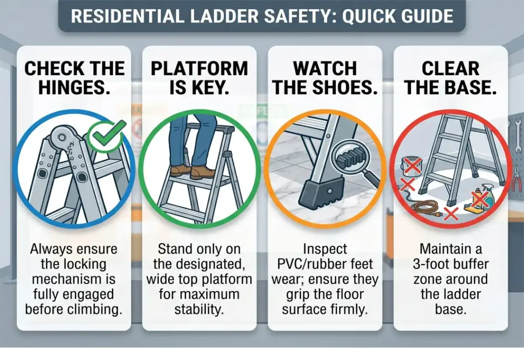 Infographic showing four residential aluminium ladder safety steps: checking hinges, standing securely on the wide platform, inspecting rubber anti-skid shoes on tile floors, and clearing a 3-foot buffer zone around the ladder base.