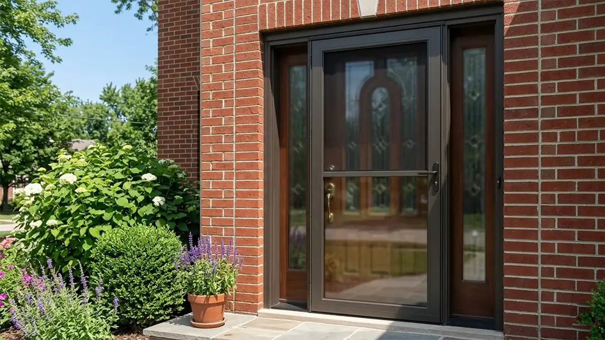 Extruded aluminum storm door with retractable screen pulled halfway down on a sunny summer day